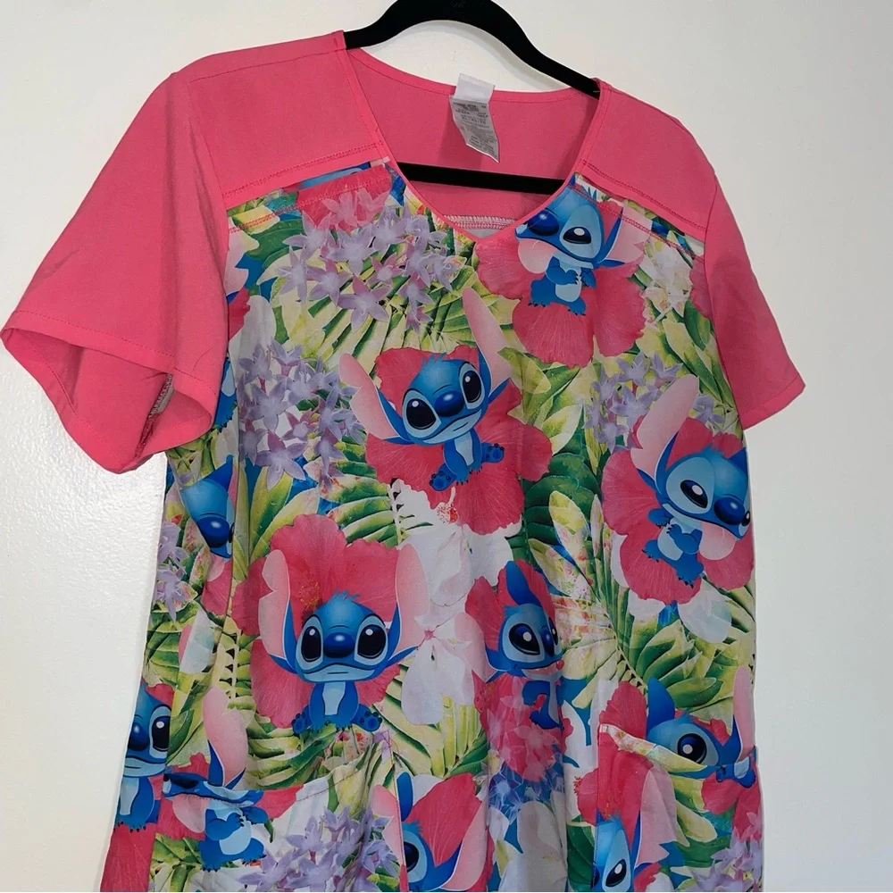 Disney Lilo & Stitch Pink and Blue Short Sleeve Tee Scrubs Top - Picture 2 of 4
